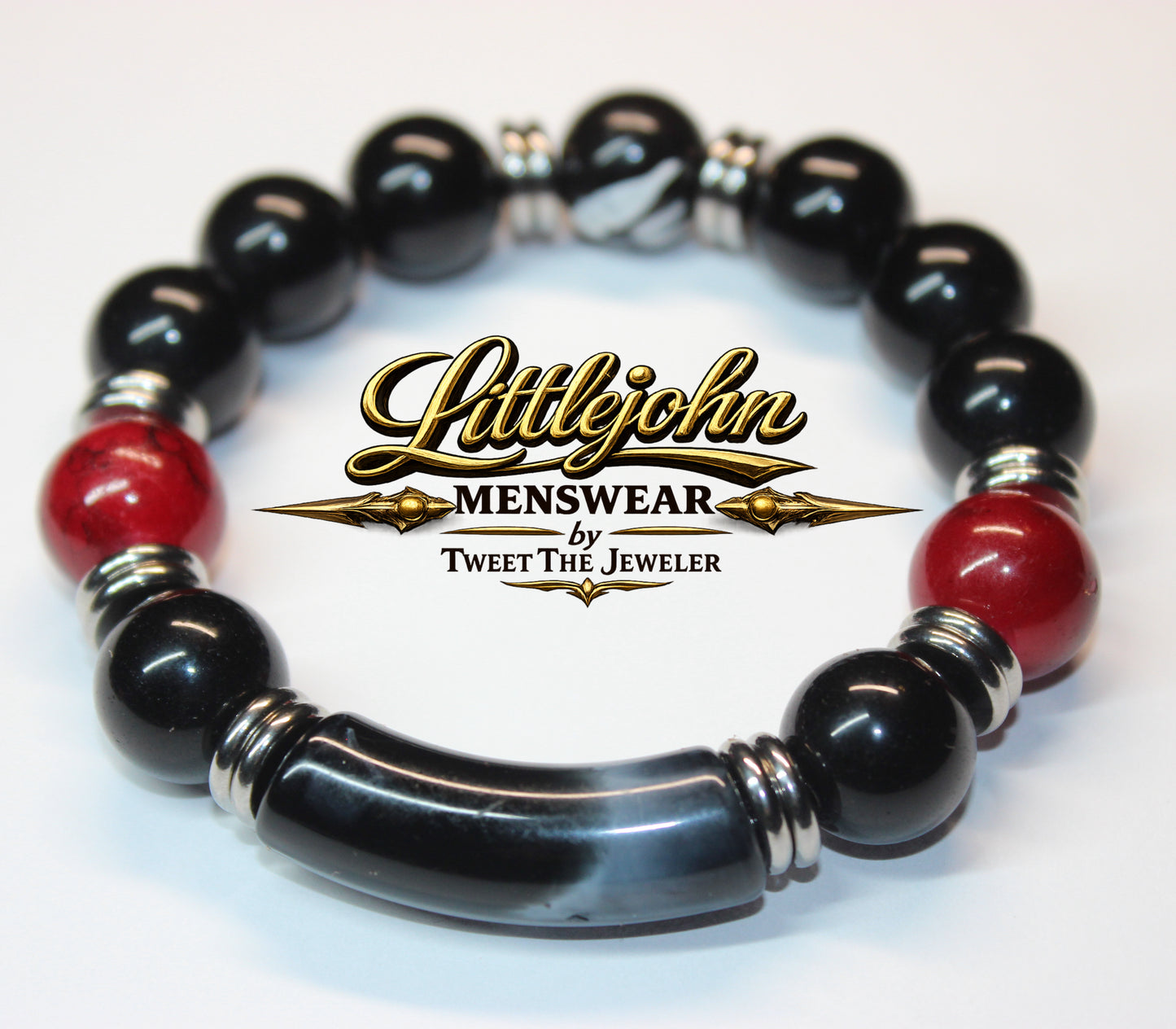 Men’s Black Red & Silver Beaded Bracelet