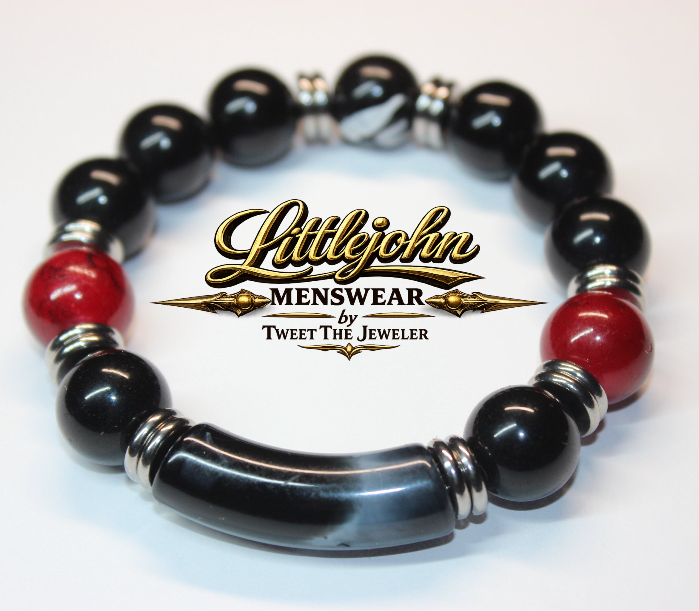 Men’s Black Red & Silver Beaded Bracelet