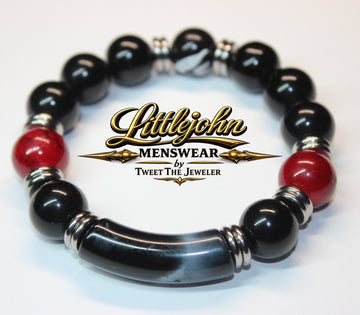 Men’s Black Red & Silver Beaded Bracelet