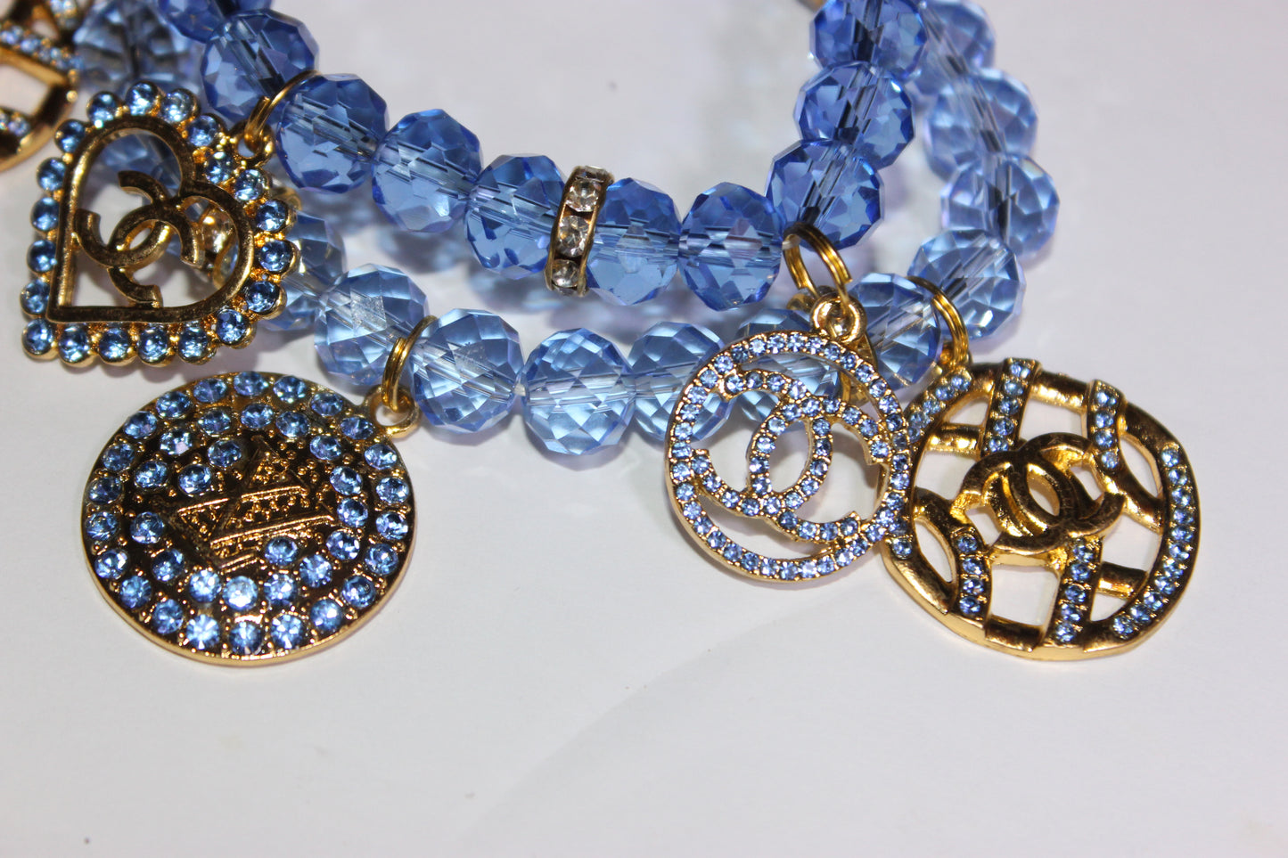2 Piece Light Blue & Gold Crystal Charm Bracelet Set
