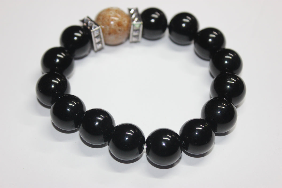 Black Beaded Bracelet with Earthtone Gemstone
