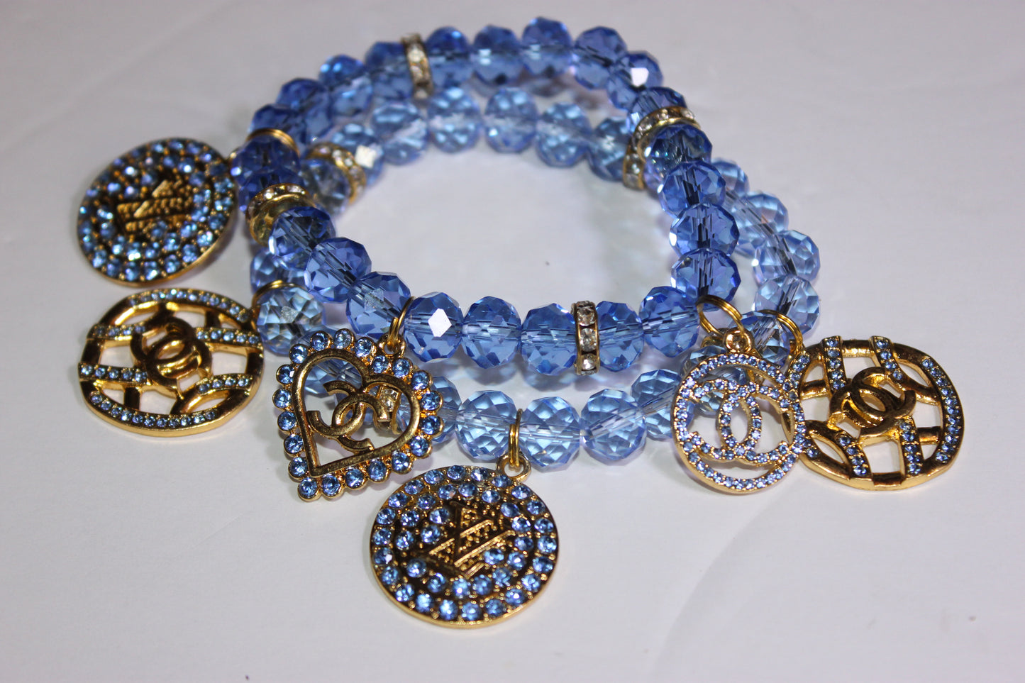 2 Piece Light Blue & Gold Crystal Charm Bracelet Set