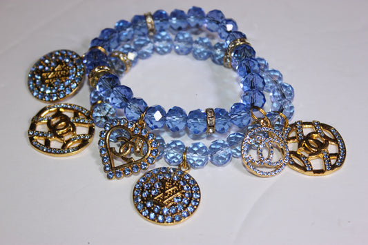 2 Piece Light Blue & Gold Crystal Charm Bracelet Set