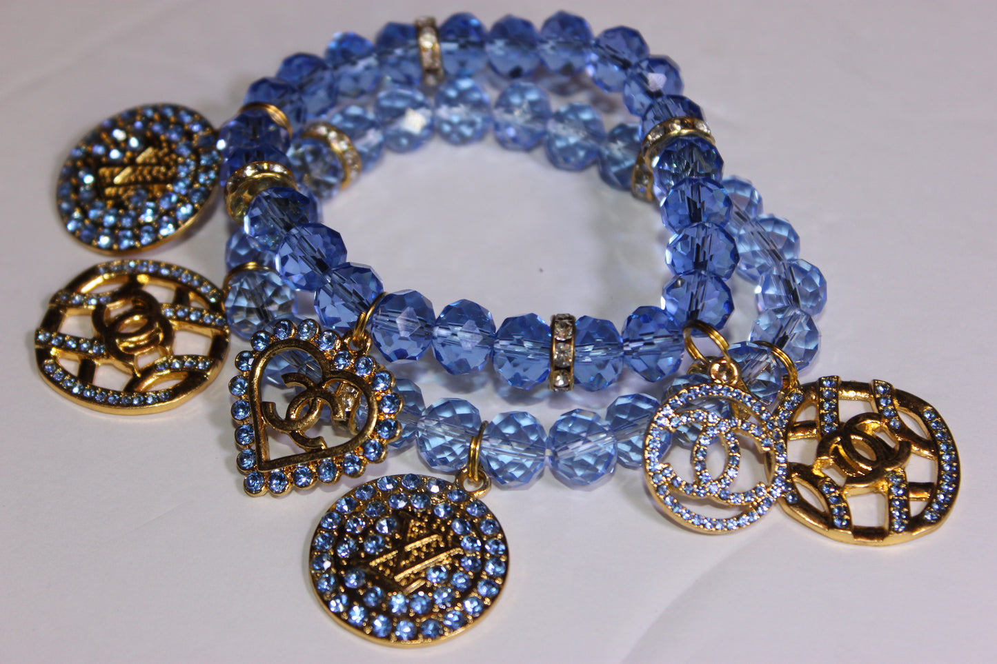 2 Piece Light Blue & Gold Crystal Charm Bracelet Set