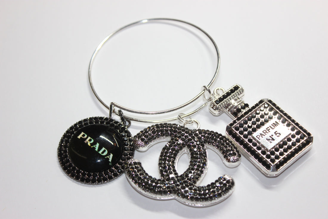 Black & Silver Rhinestone Charm Bangle