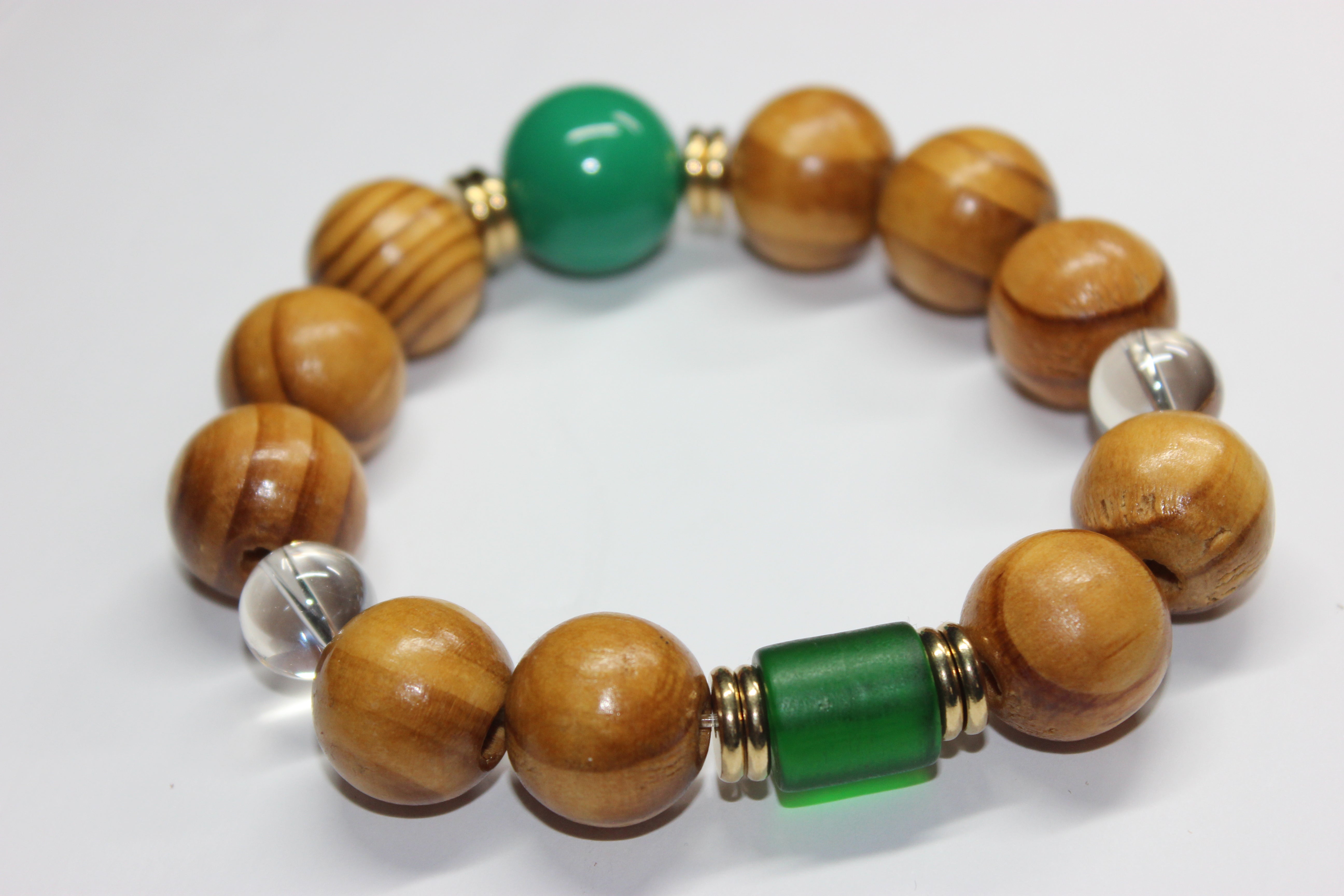 Wood Beaded Bracelet w/ Green & Gold