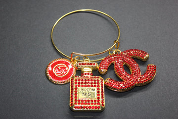 Red & Gold Rhinestone Charm Bangle Bracelet