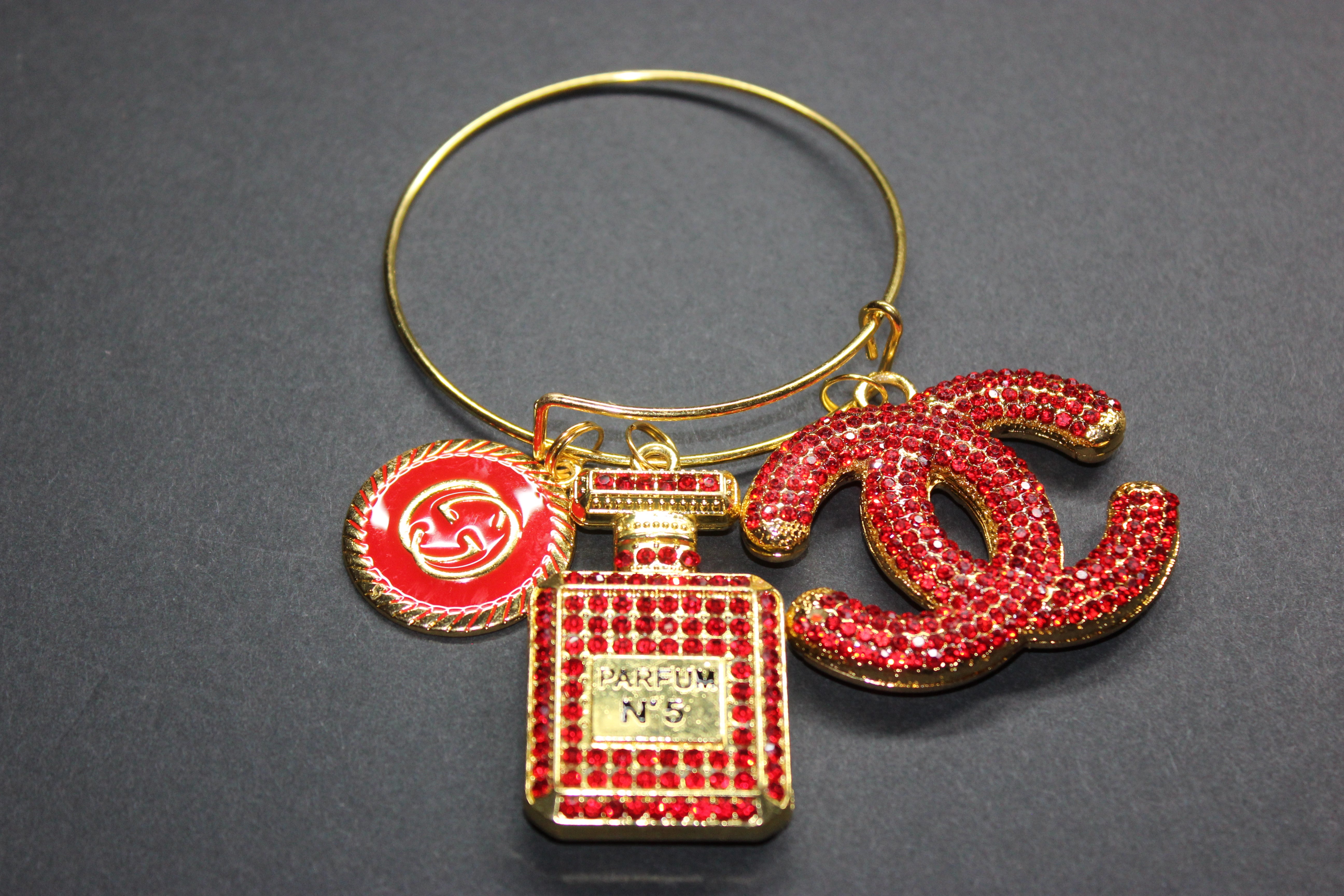 Red & Gold Rhinestone Charm Bangle Bracelet