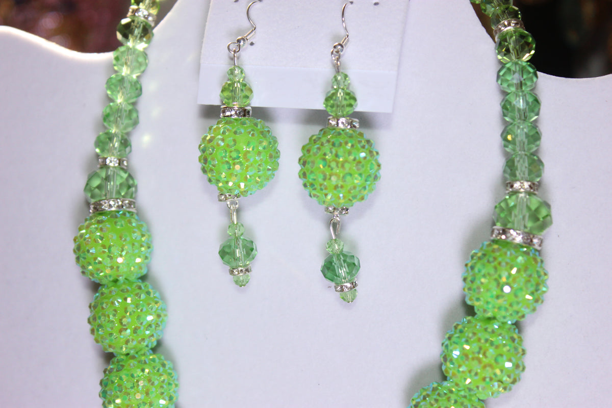 Green & Silver Rhinestone Charm Necklace & Earrings Set