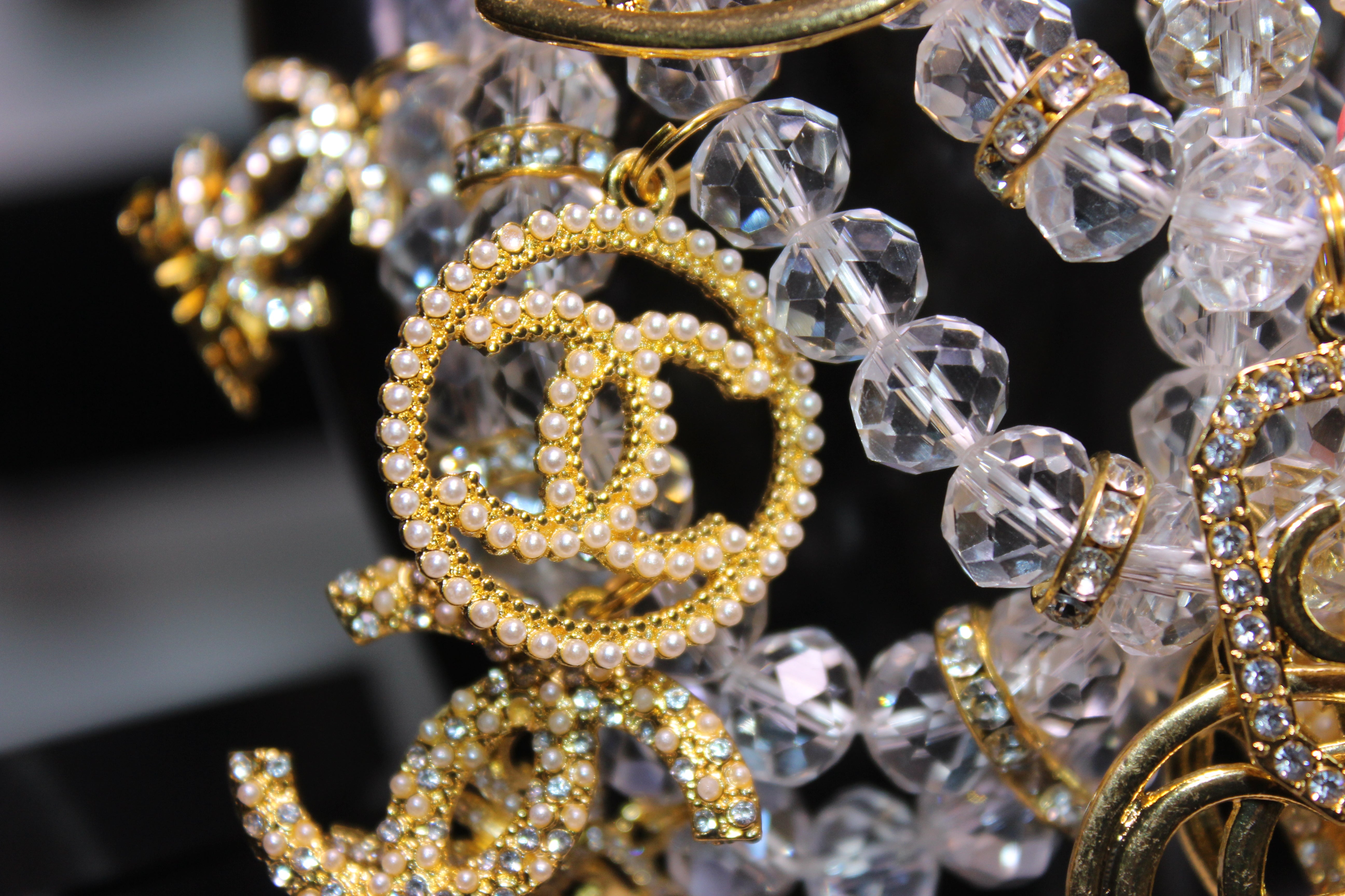 4 Piece Gold & Clear Crystal Charm Bracelet Set with Rhinestone Charms.