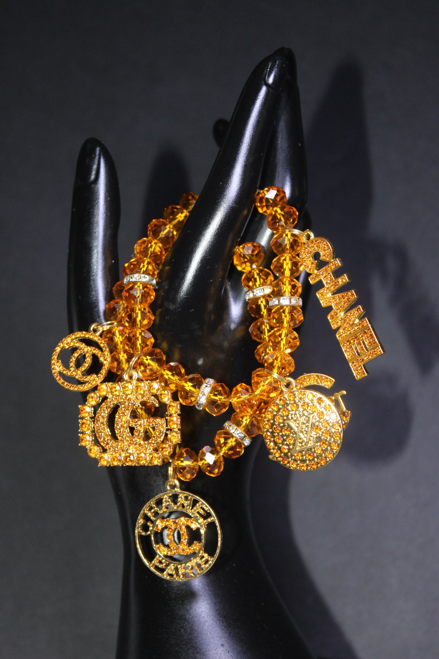 2 Piece Topaz/Gold Crystal Charm Bracelet Set