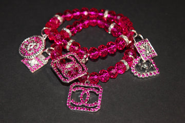 2 Piece Hot Pink & Crystal Charm Bracelet Set