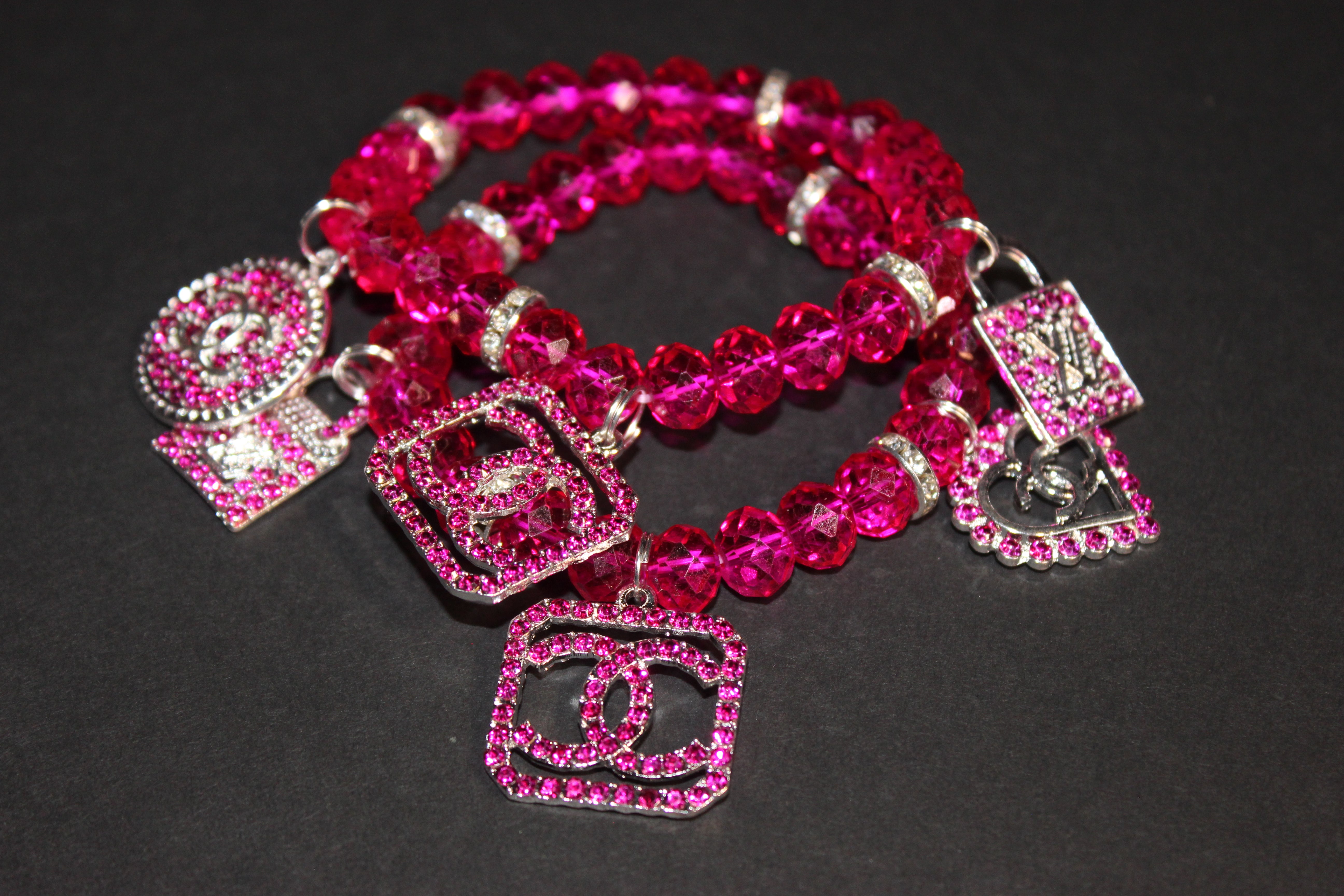 2 Piece Hot Pink & Crystal Charm Bracelet Set