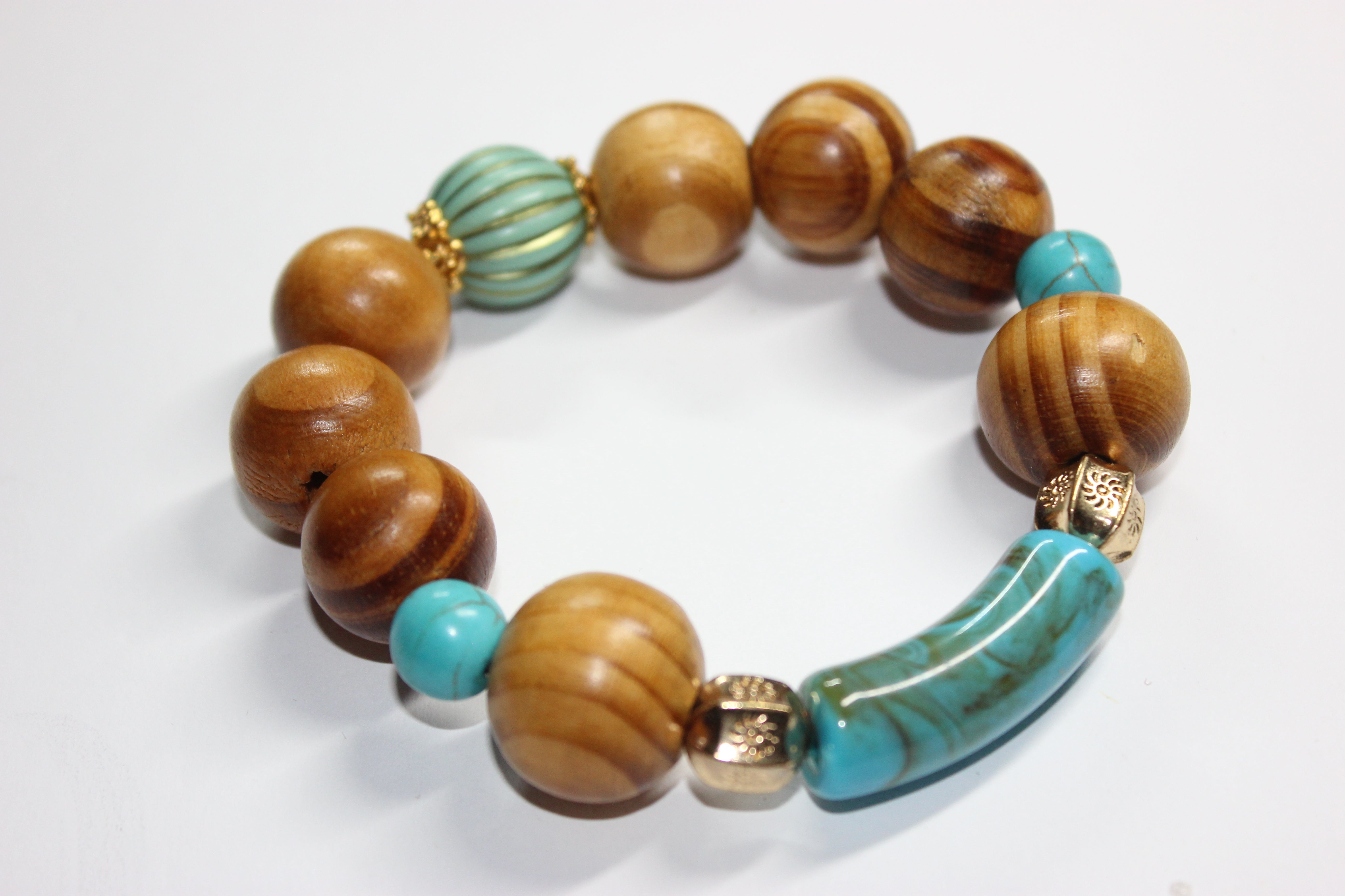 Wood Turquoise w/ Gold Beaded Bracelet