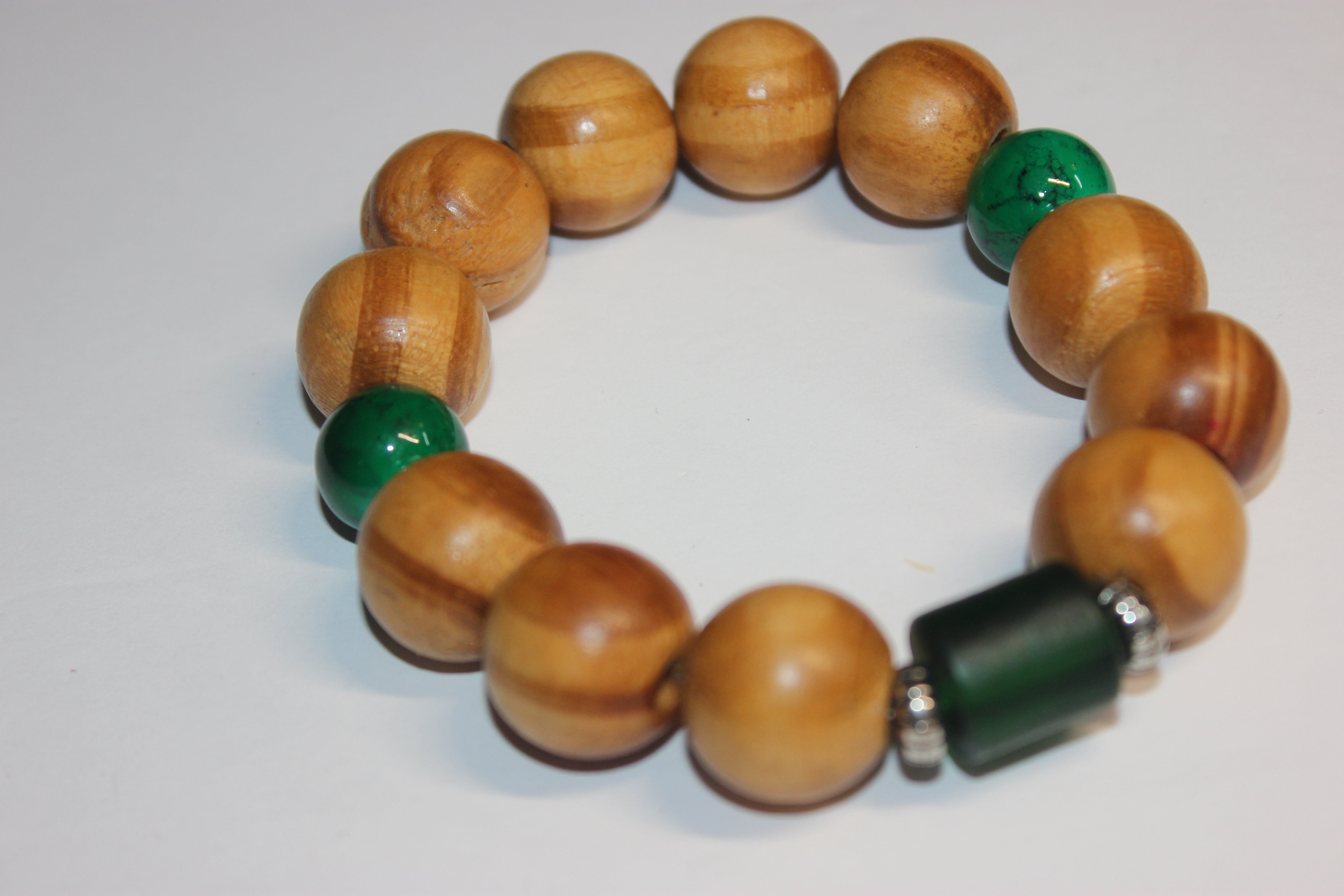 Wood & Green Beaded Bracelet