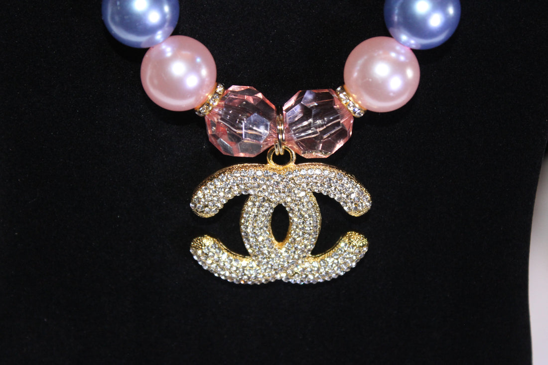 Shades Of Pink & Blue Pearl & Rhinestone Charm Necklace & Earrings Set (GOLD)