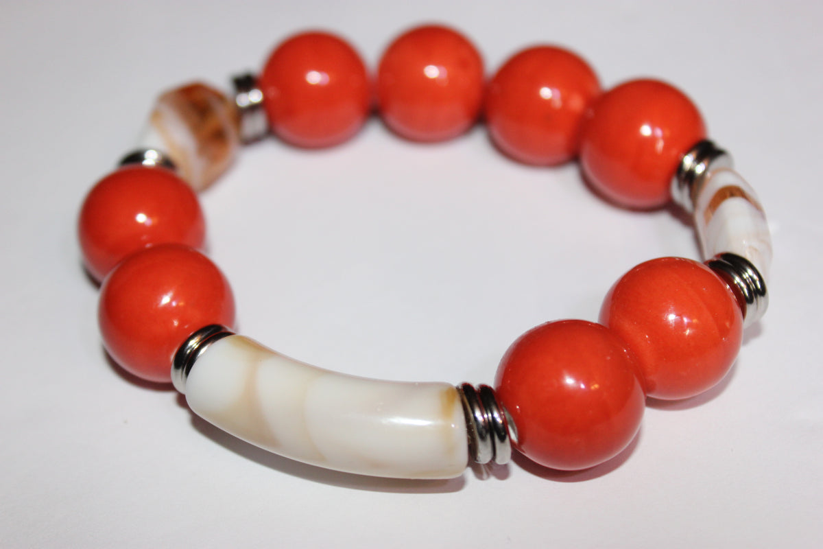 Orange & Beige Earth Tone Beaded Bracelet