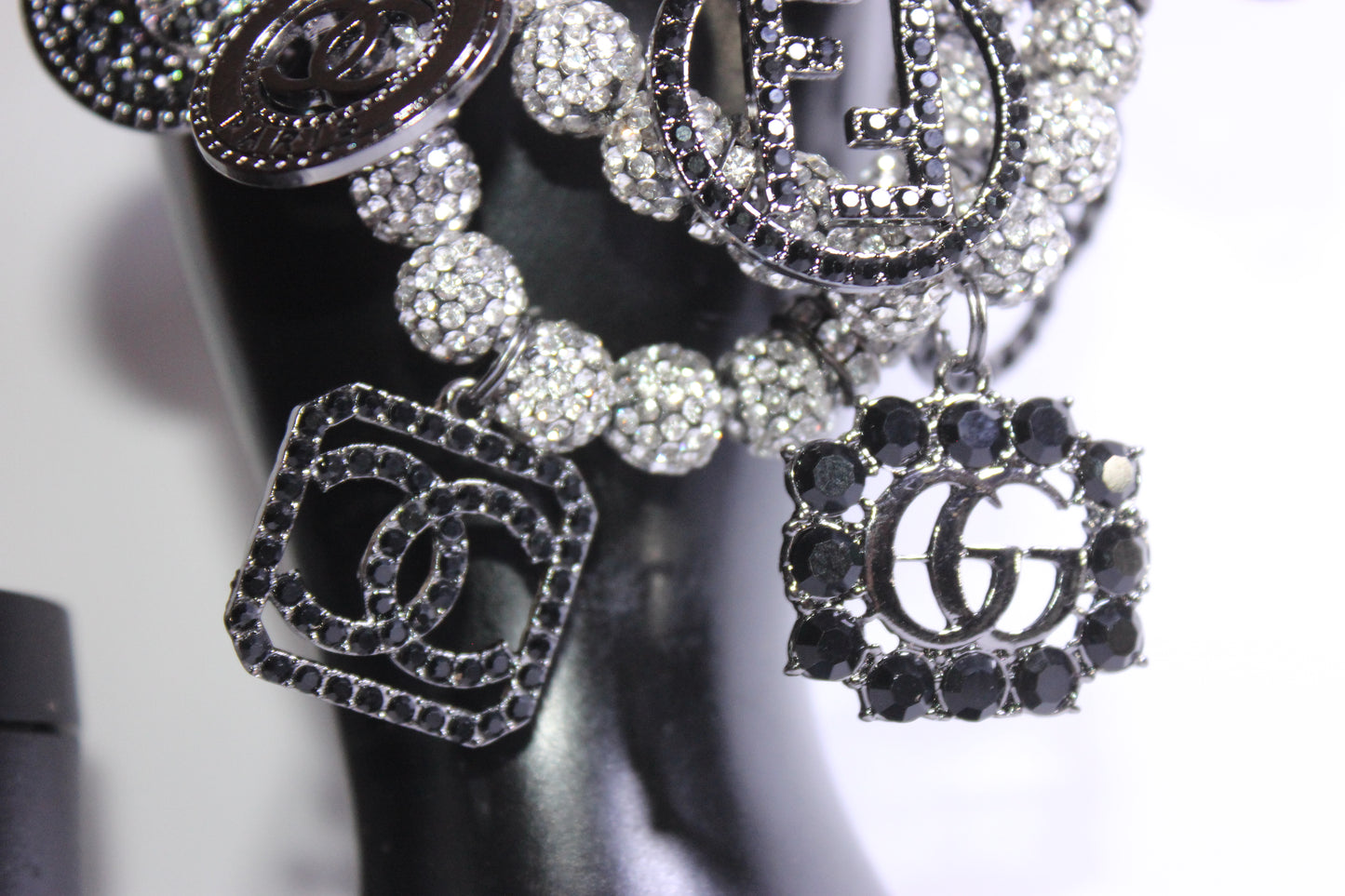 Black & Silver Rhinestone Charm Bracelet Set