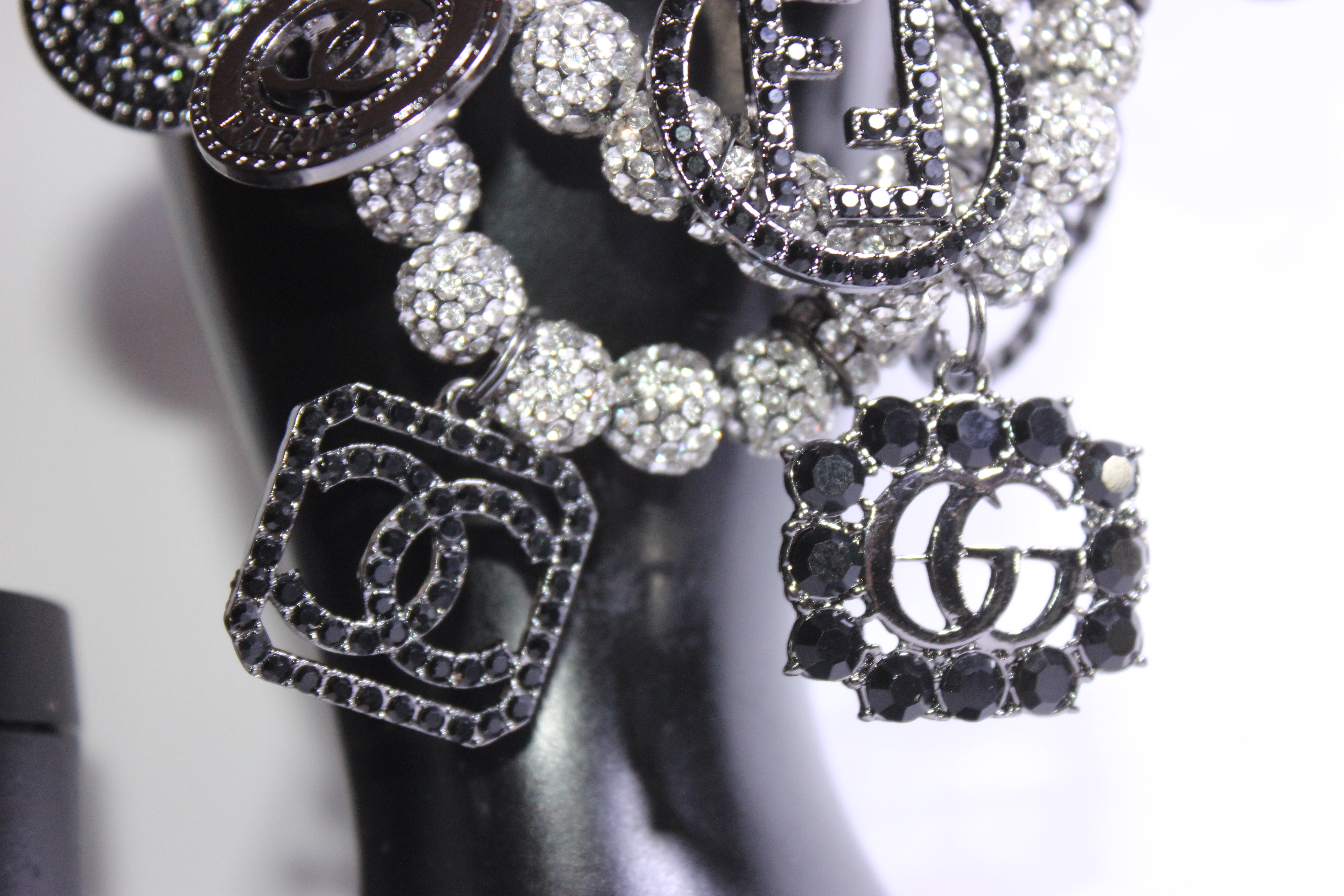 Black & Silver Rhinestone Charm Bracelet Set