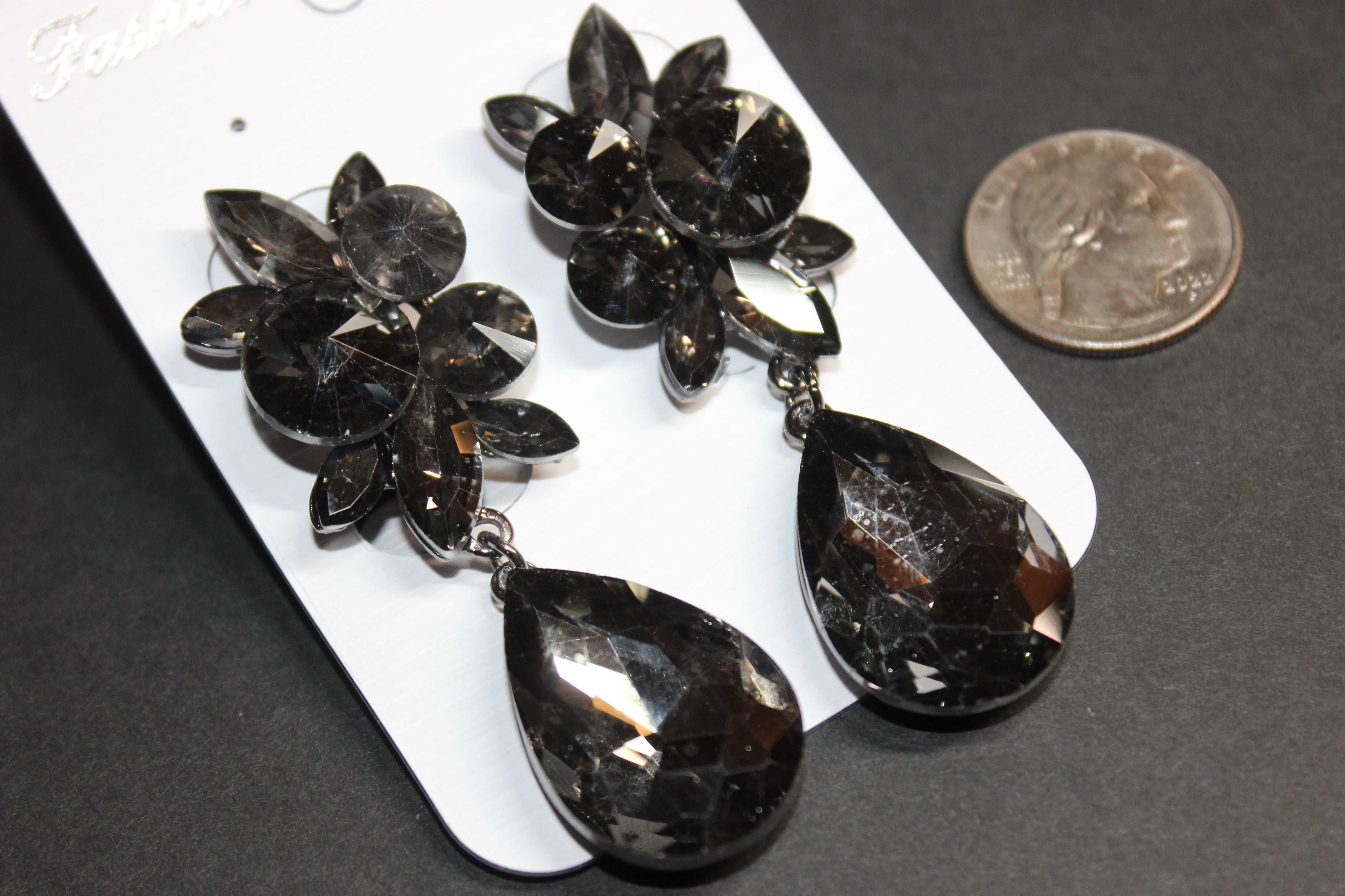 Clip On Smoke Grey Crystal Pineapple Drop Earrings