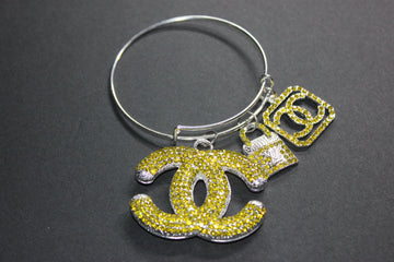 Yellow & Silver Rhinestone Charm Bangle Bracelet