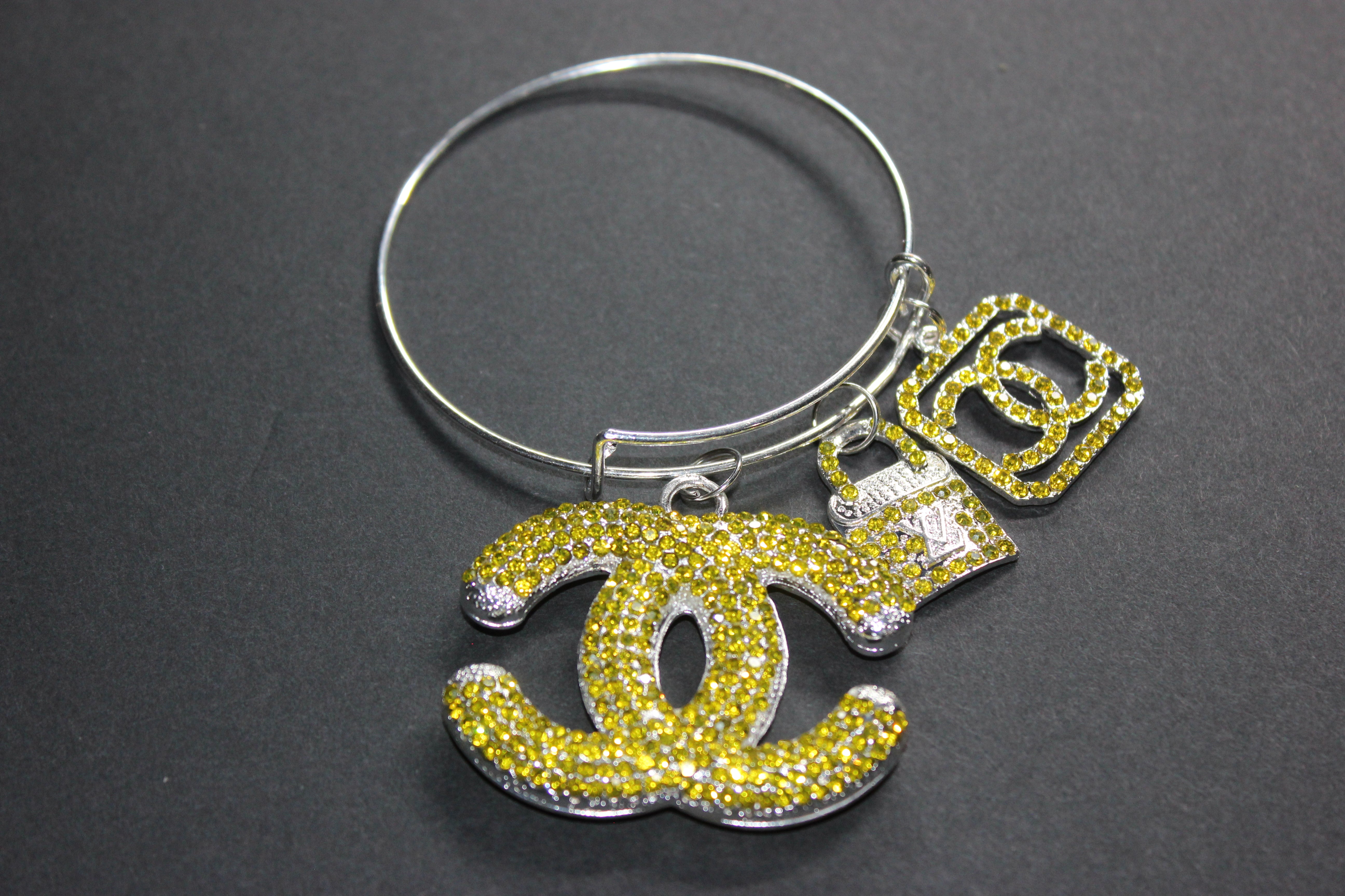 Yellow & Silver Rhinestone Charm Bangle Bracelet