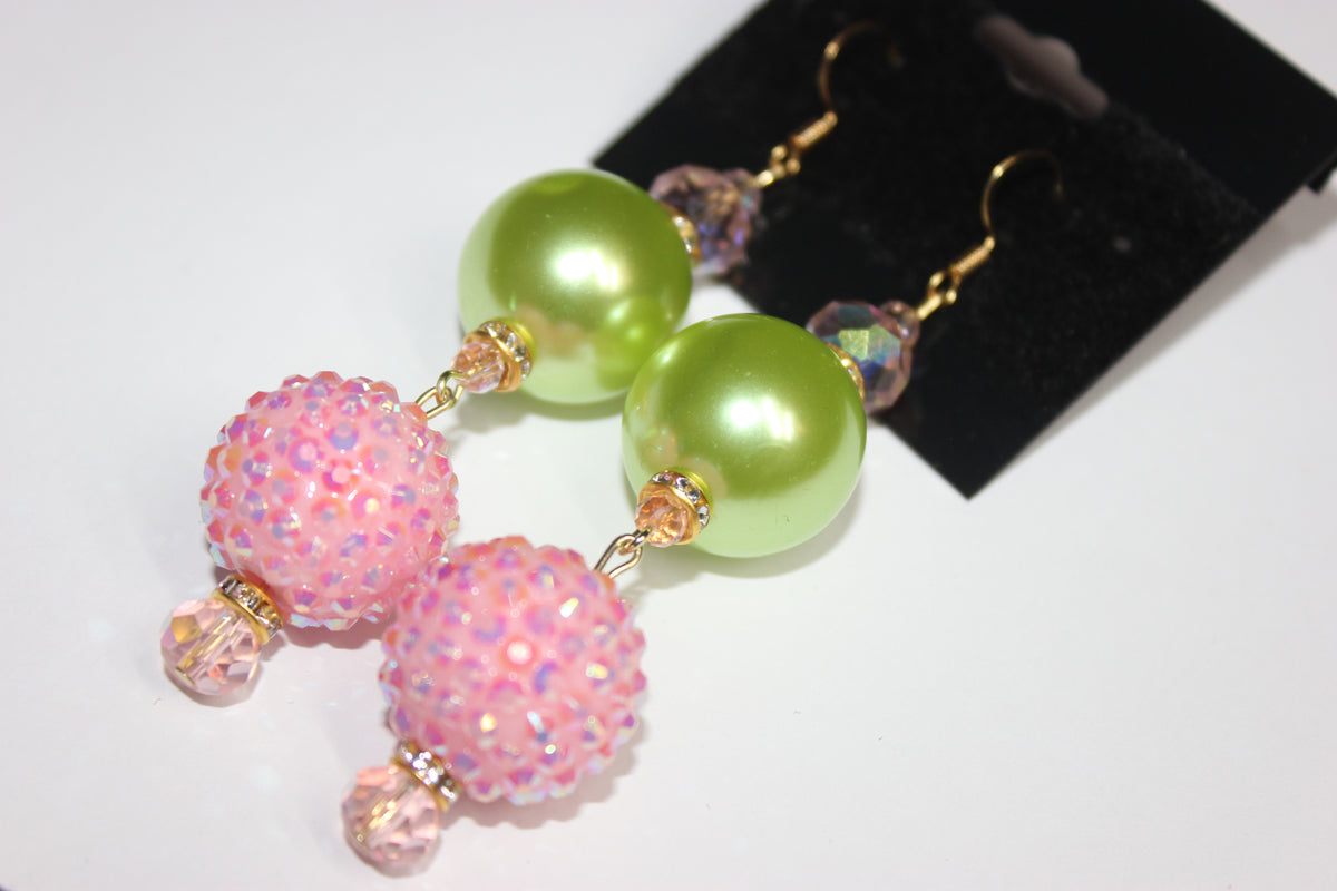 Pink & Green w/ Gold Pearl Rhinestone Earrings