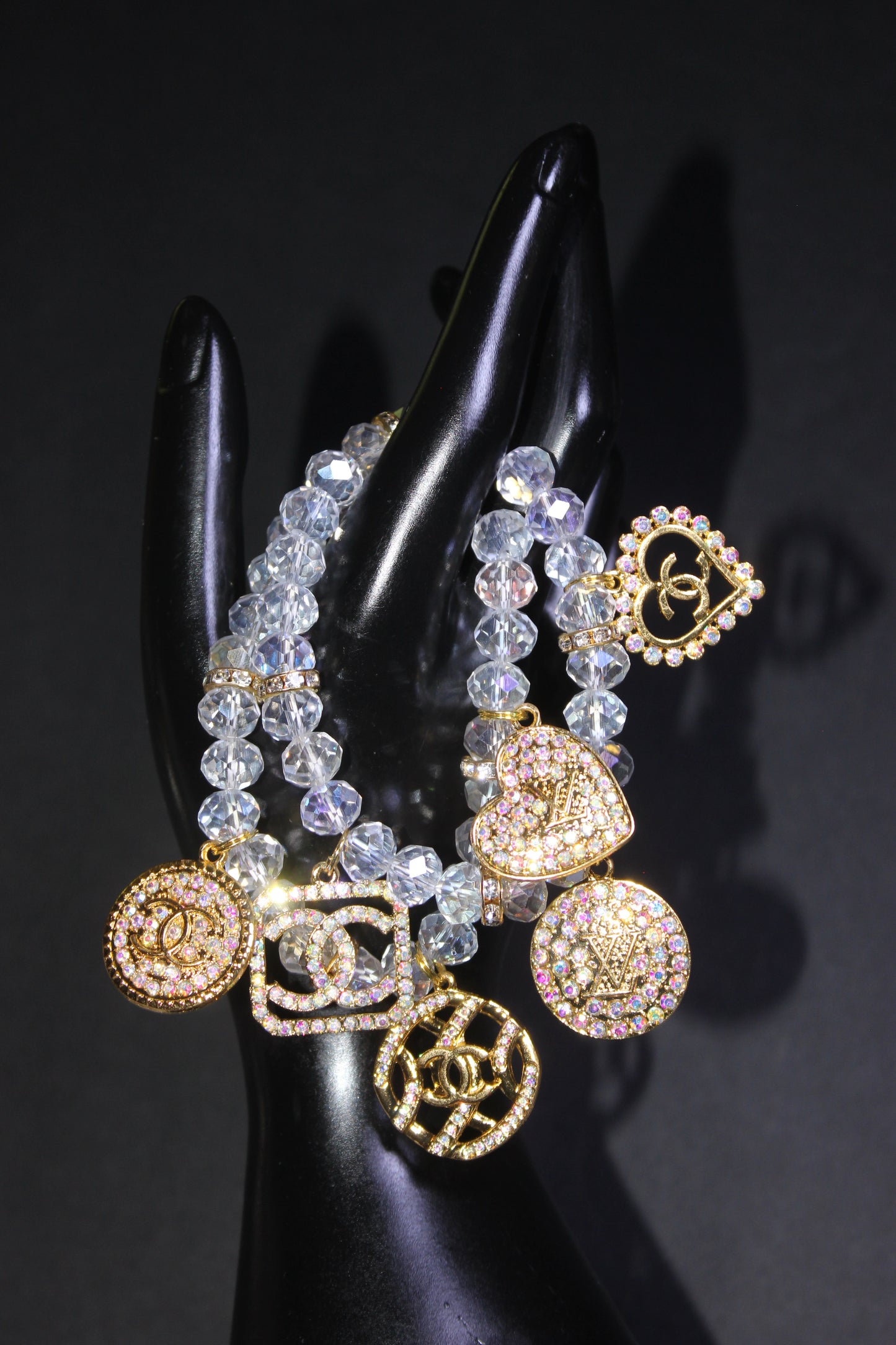 2 Piece Gold & Iridescent Crystal Charm Bracelet Set