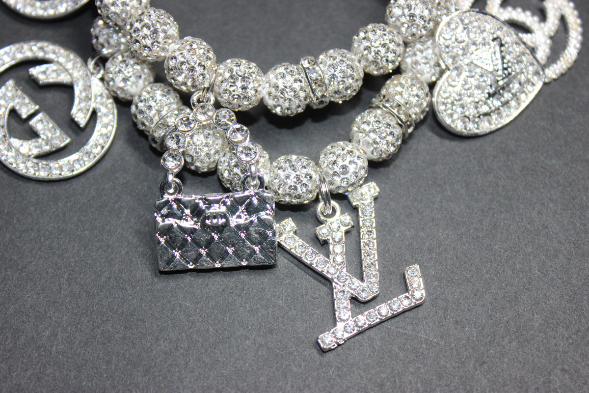 2 Piece White & Silver Rhinestone Charm Bracelet Set