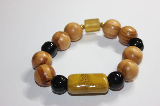 💪🏽Tan, Mustard & Black Wood & Ceramic Beaded Bracelet