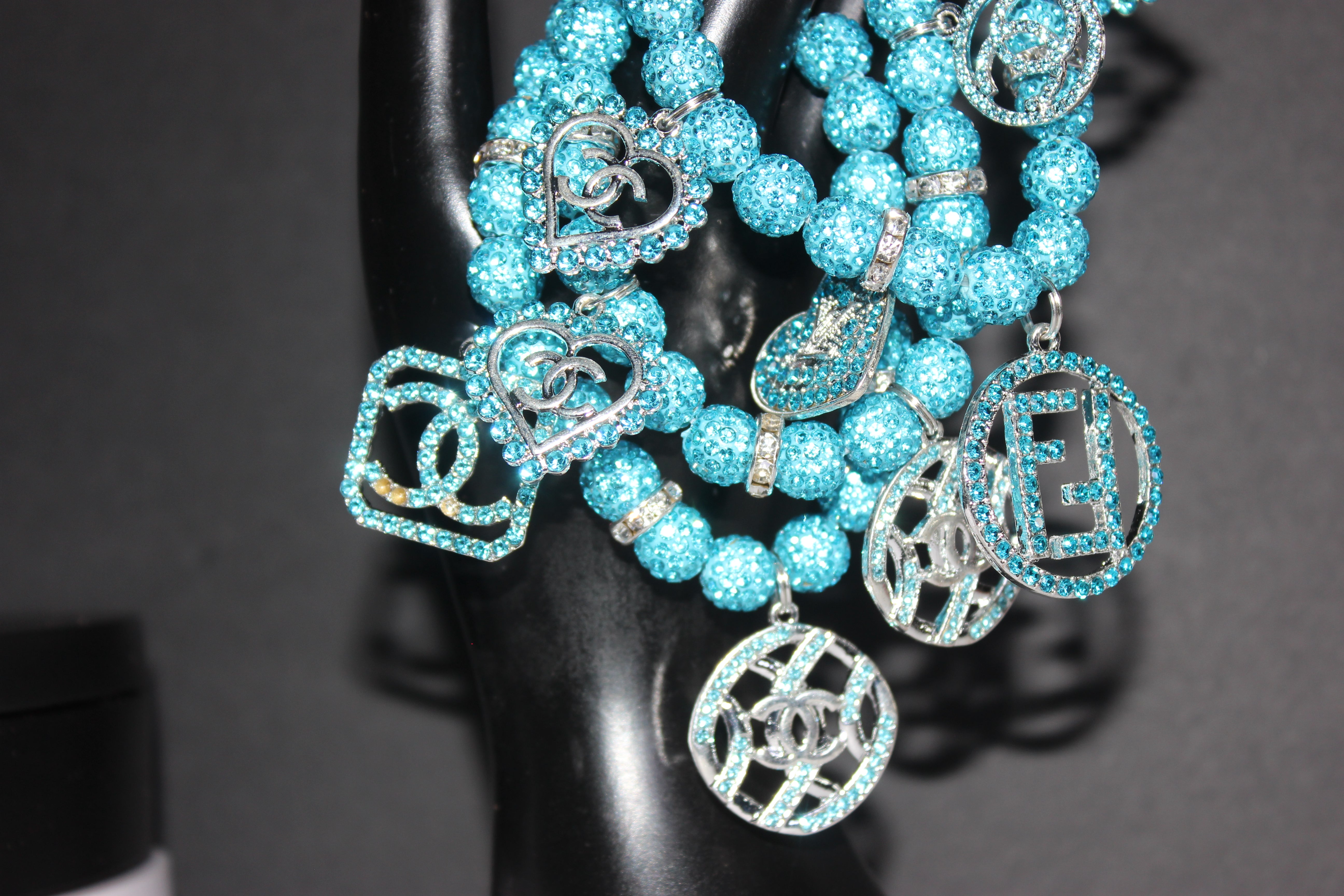 3 Piece Aquamarine & Silver Rhinestone Charm Bracelet Set