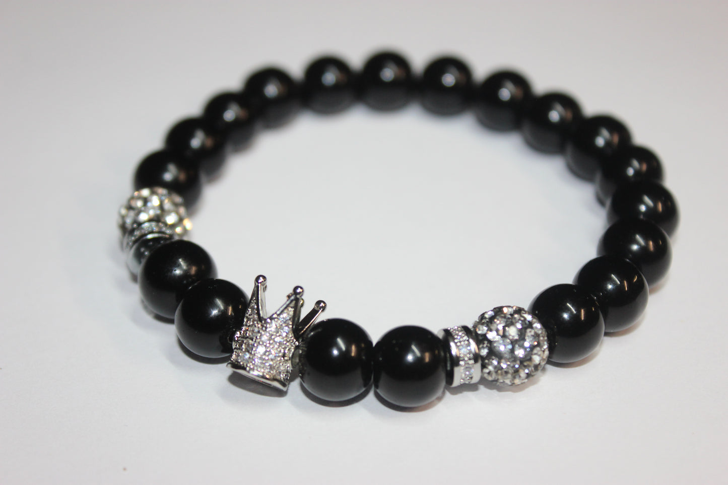 Black & Silver 10mm Beaded Bracelet with Upright Crown Charm