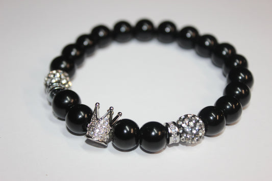 Black & Silver 10mm Beaded Bracelet with Upright Crown Charm