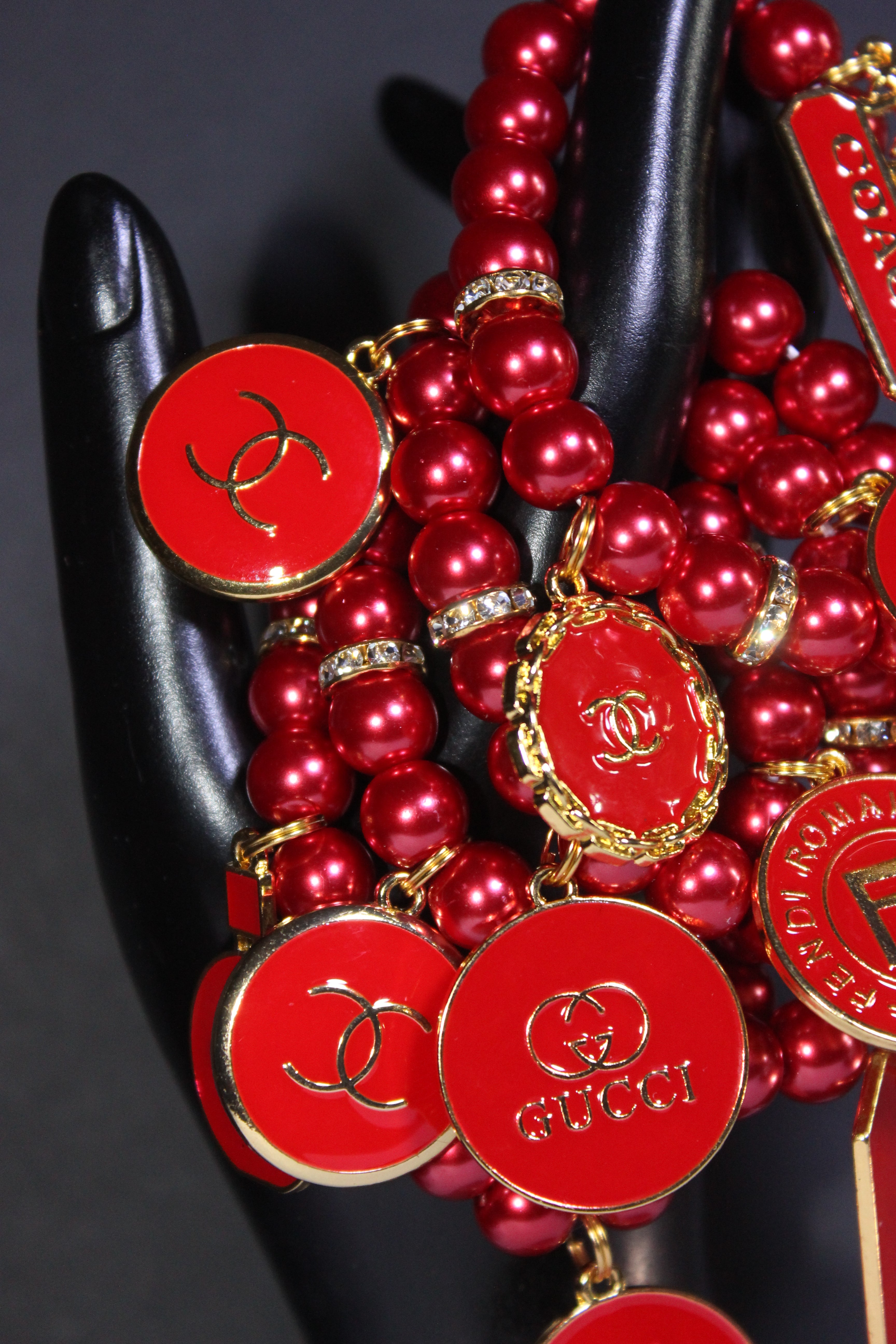 4 Piece Red & Gold Pearl Charm Bracelet Set