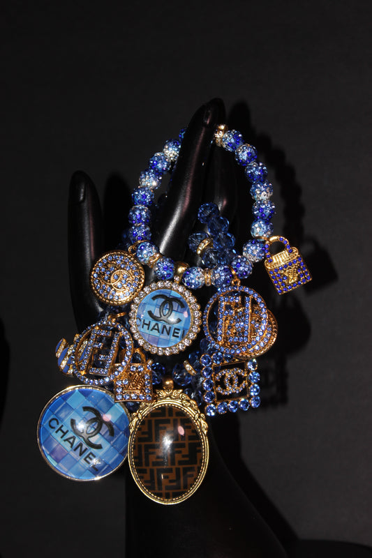 3 Piece Shades Of Blue Crystal & Rhinestone Charm Bracelet Set
