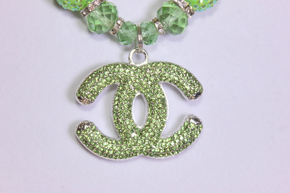 Green & Silver Rhinestone Charm Necklace & Earrings Set