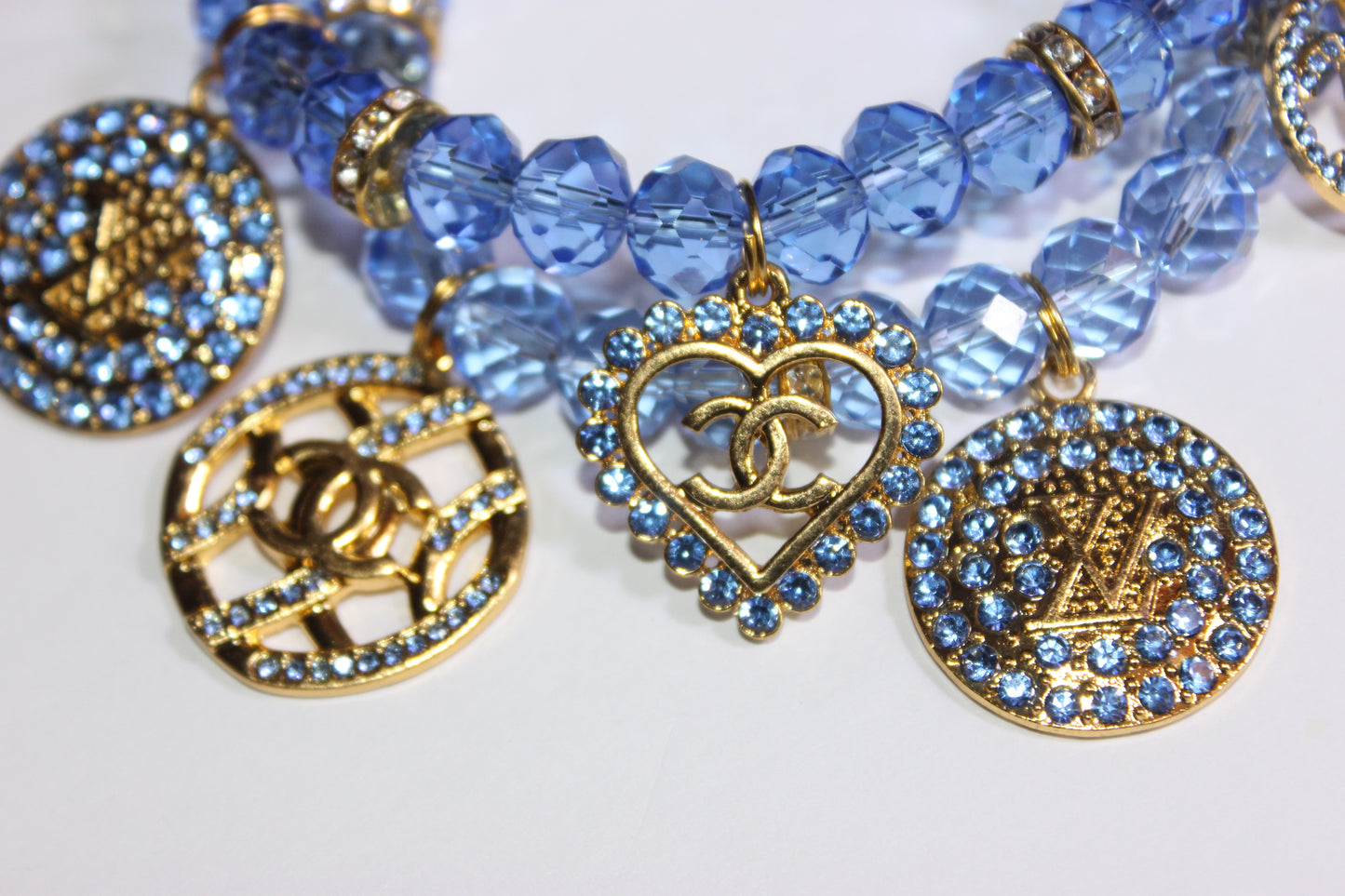 2 Piece Light Blue & Gold Crystal Charm Bracelet Set