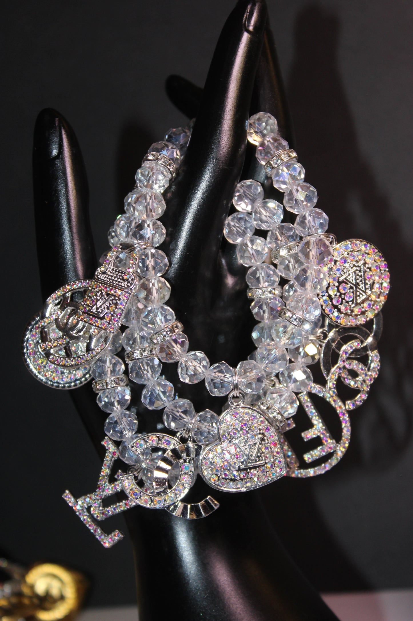 3 Piece Iridescent Charm Bracelet Set With Iridescent Rhinestone Charms