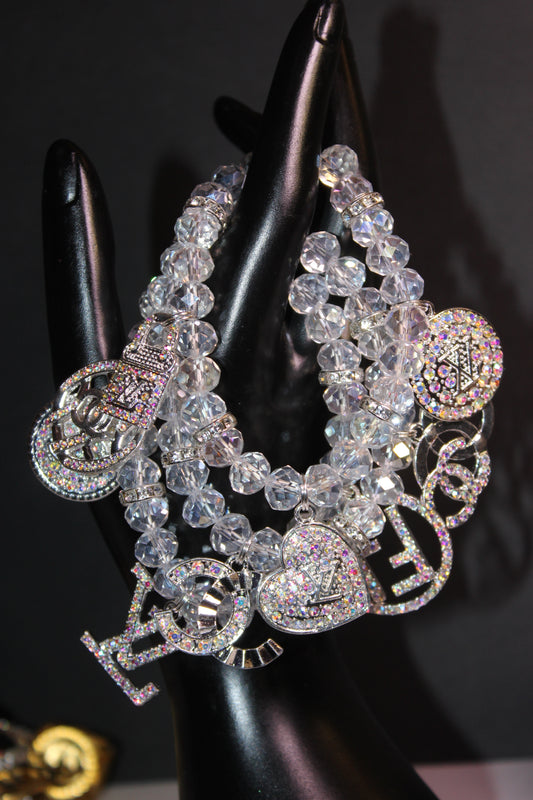 3 Piece Iridescent Charm Bracelet Set With Iridescent Rhinestone Charms
