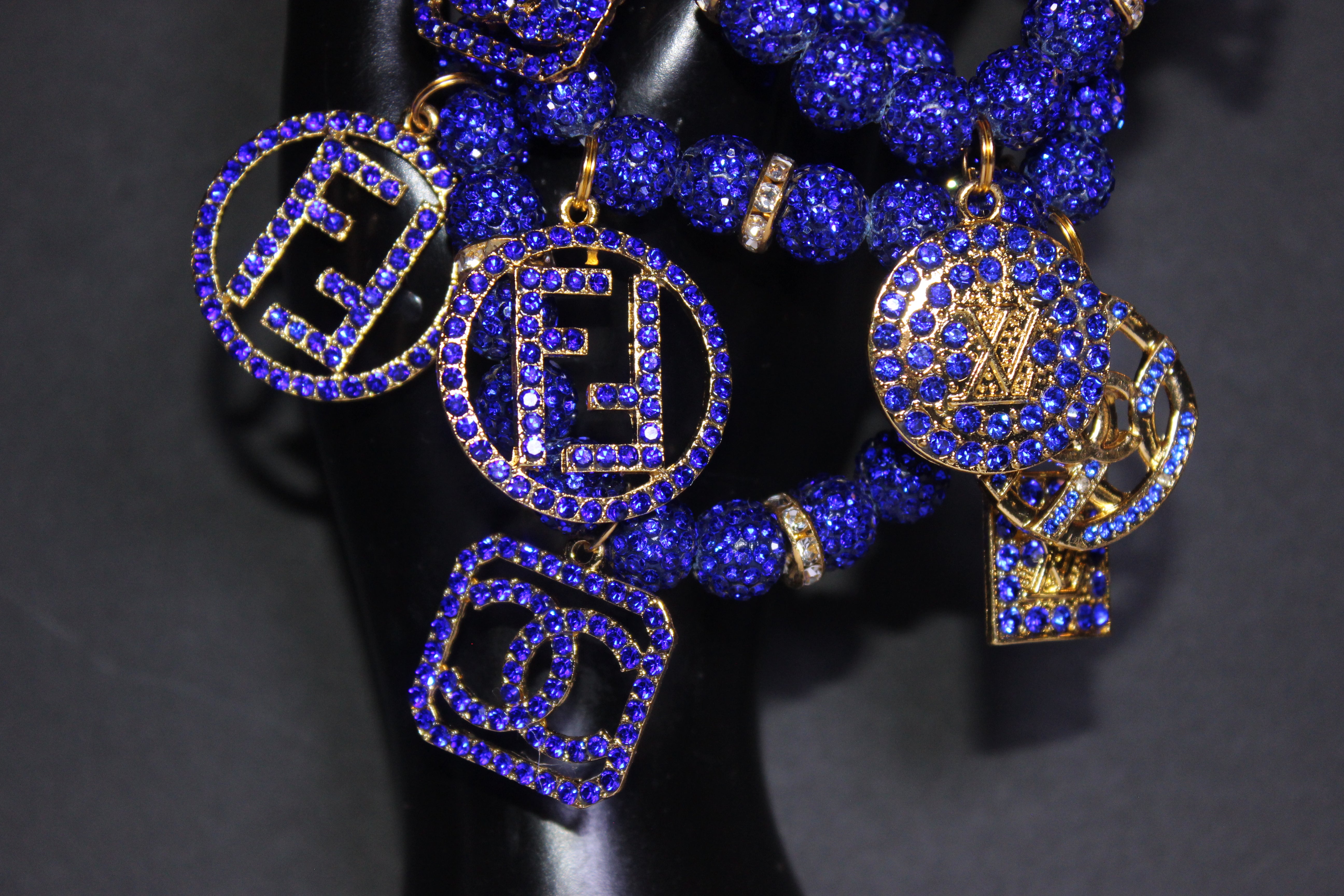 3 Piece Royal Blue & Gold Rhinestone Charm Bracelet Set
