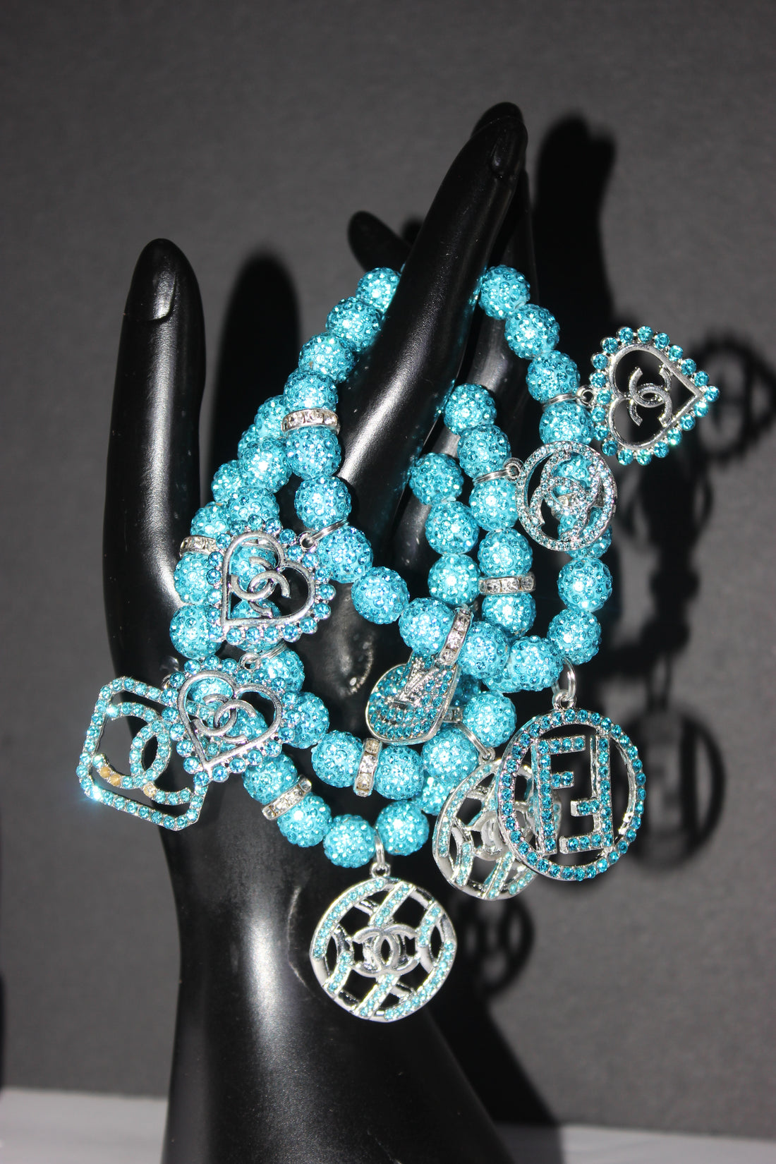 3 Piece Aquamarine & Silver Rhinestone Charm Bracelet Set