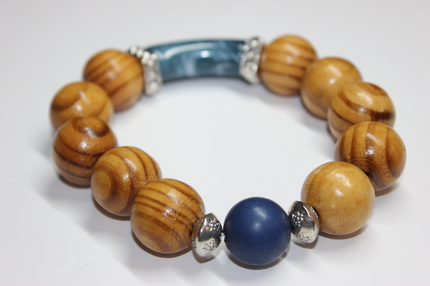 Shades Of Blue & Wood Beaded Bracelet