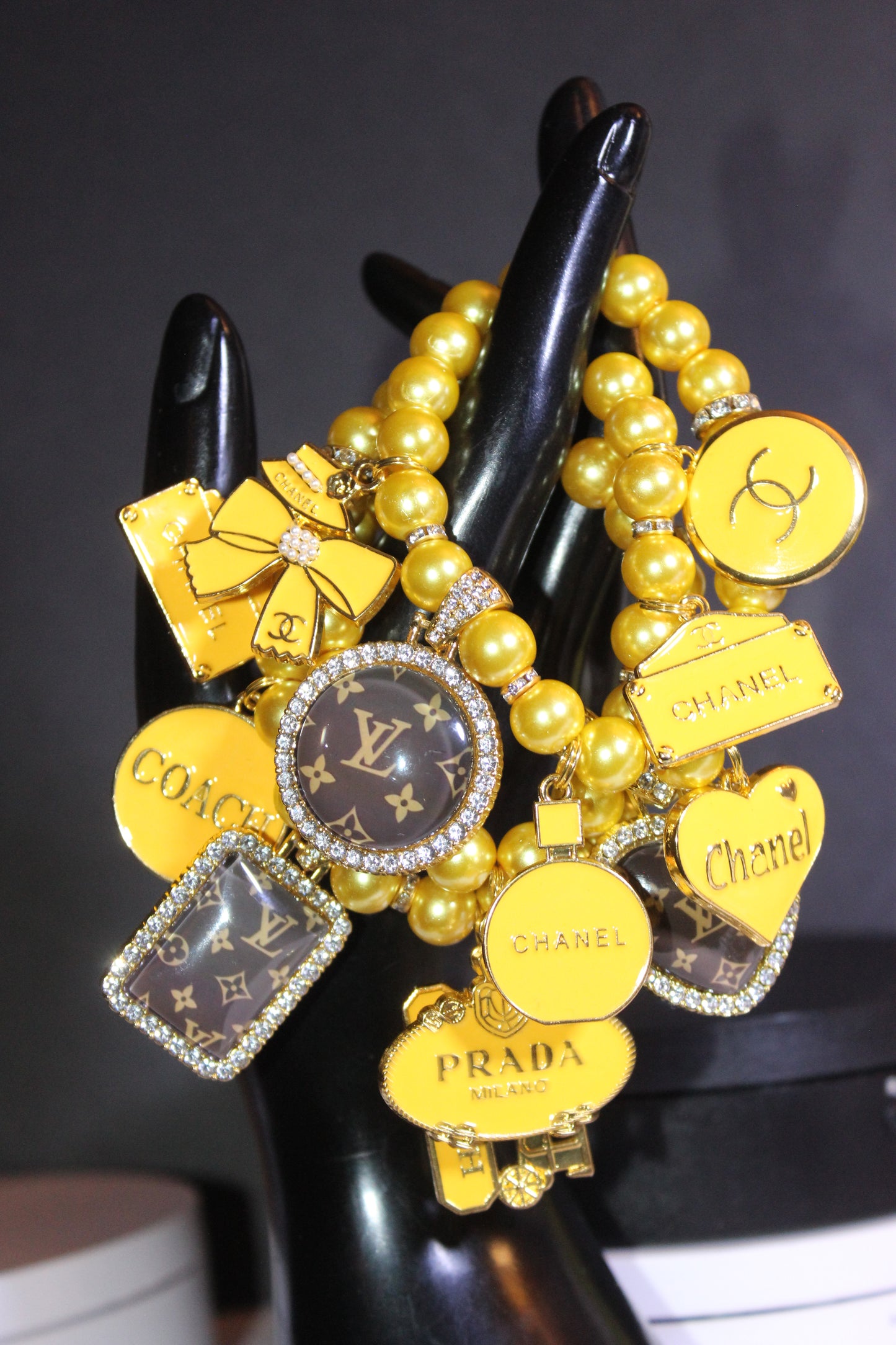 3 Piece Yellow & Gold Pearl Luxury Charm Bracelet Set