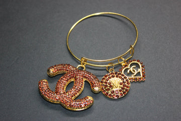 Brown & Gold Rhinestone Charm Bangle Bracelet