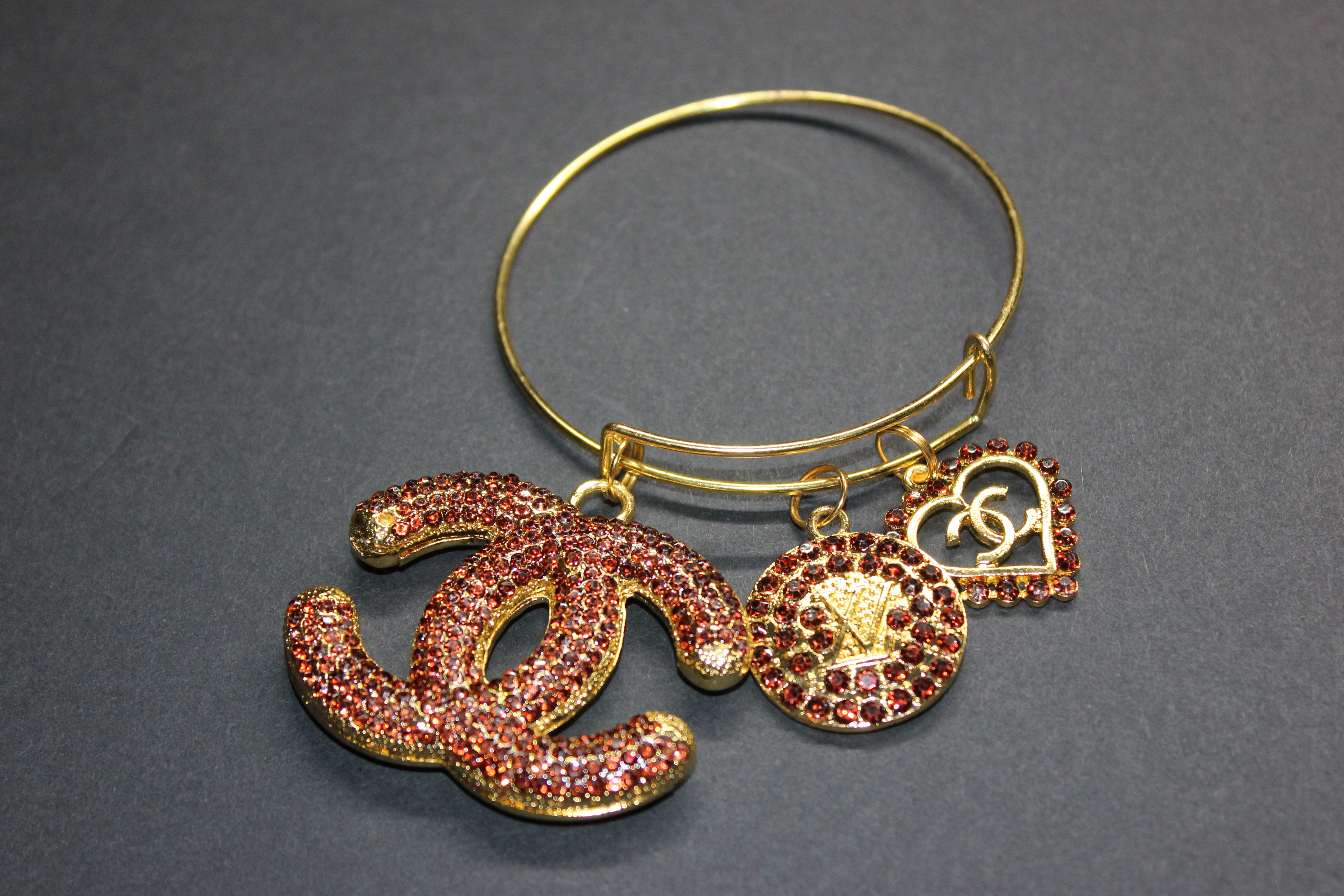 Brown & Gold Rhinestone Charm Bangle Bracelet