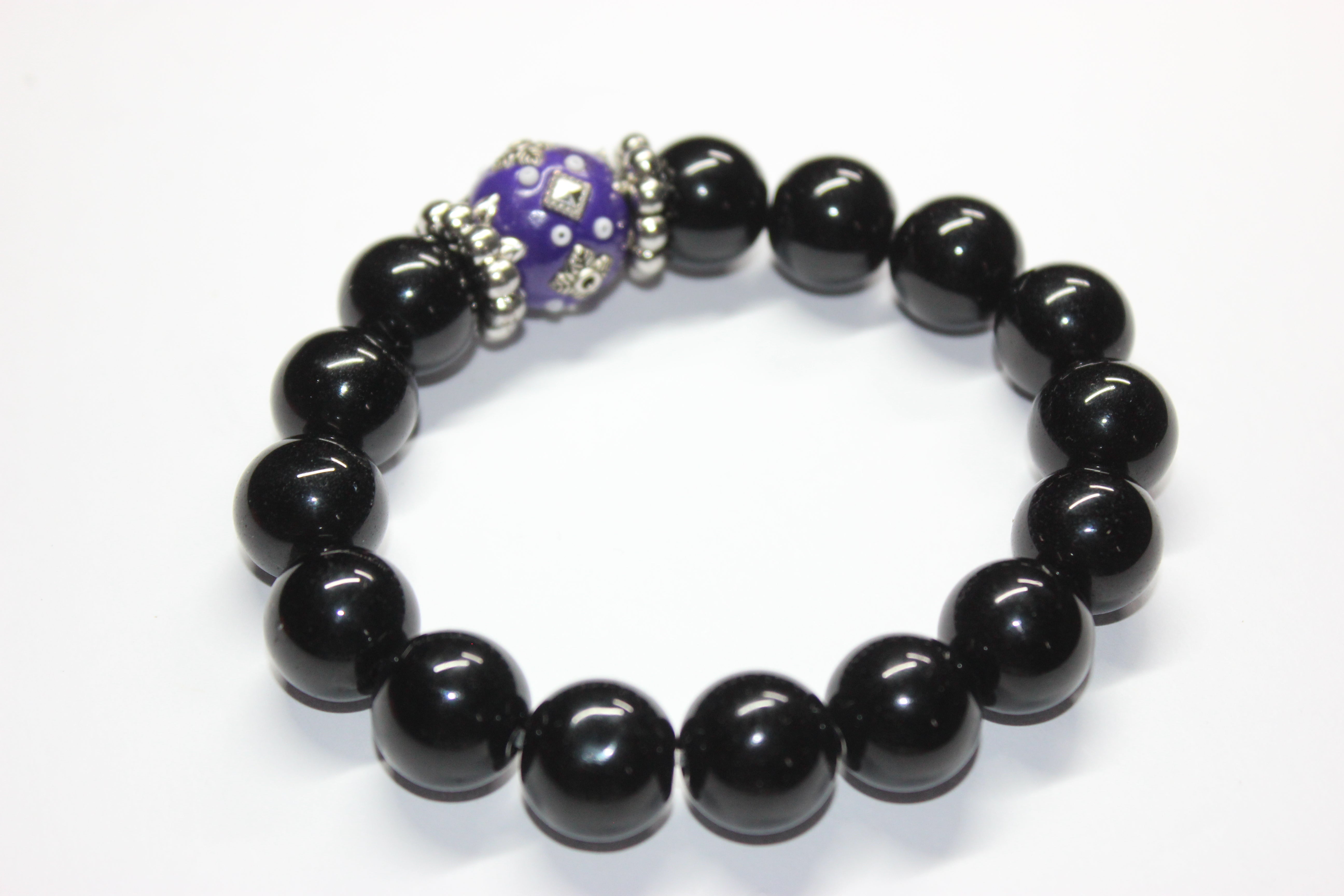 Black Purple & Silver Beaded Bracelet