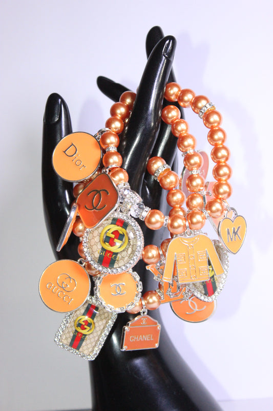 3 Piece Peach & Silver Pearl Charm Bracelet Set