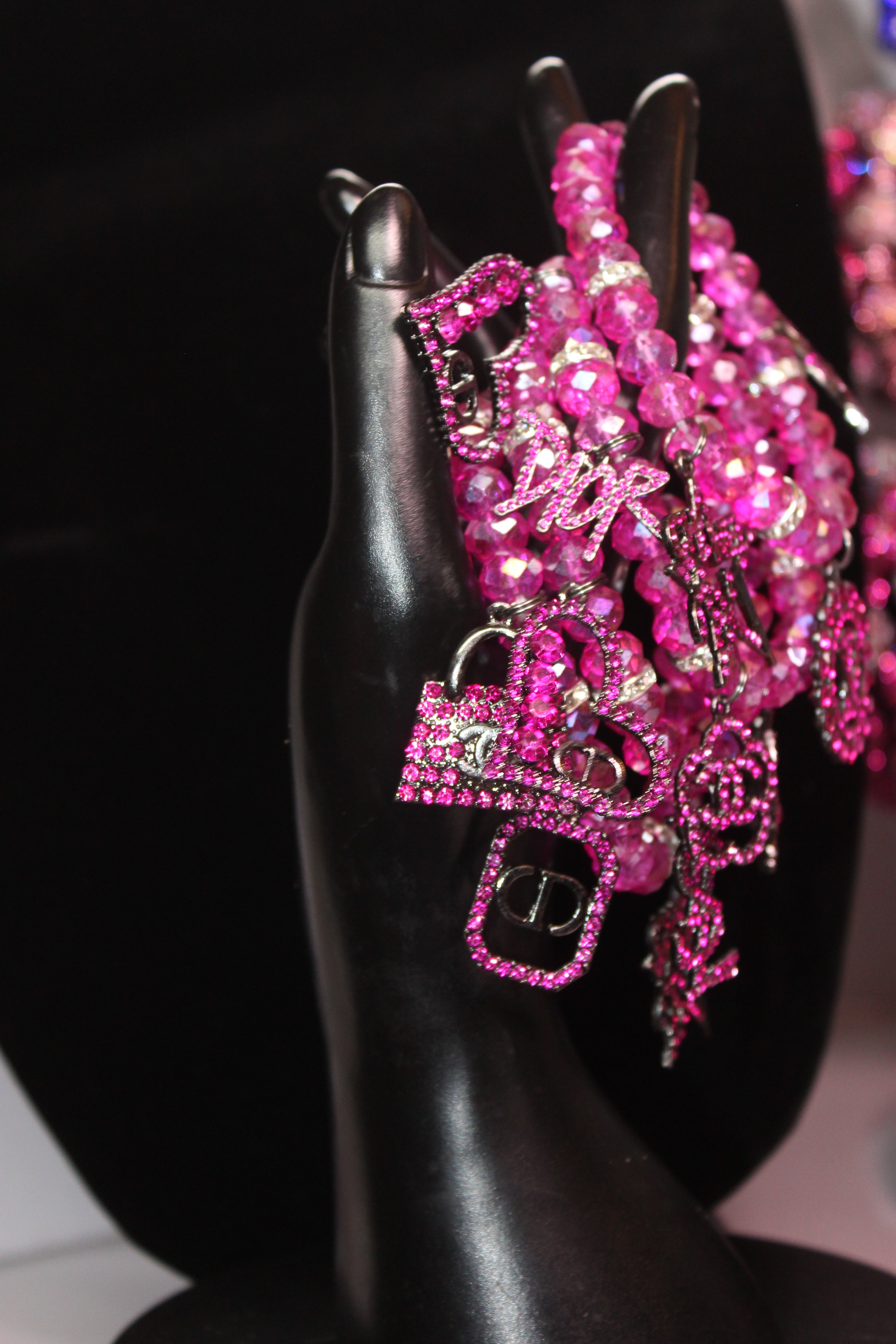4 Piece Hot Pink Crystal Charm Bracelet Set
