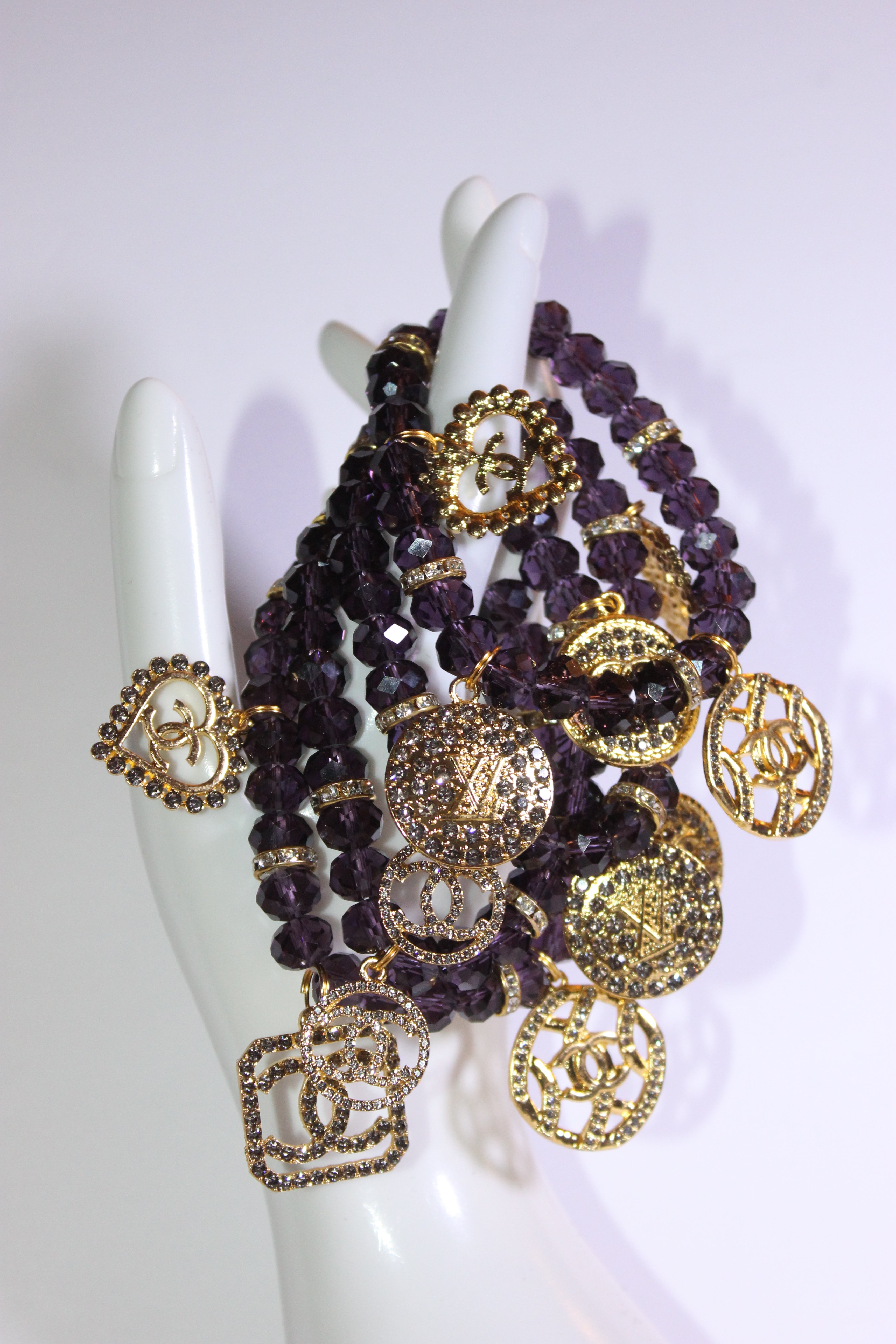 4 Piece Purple & Gold Crystal Charm Bracelet