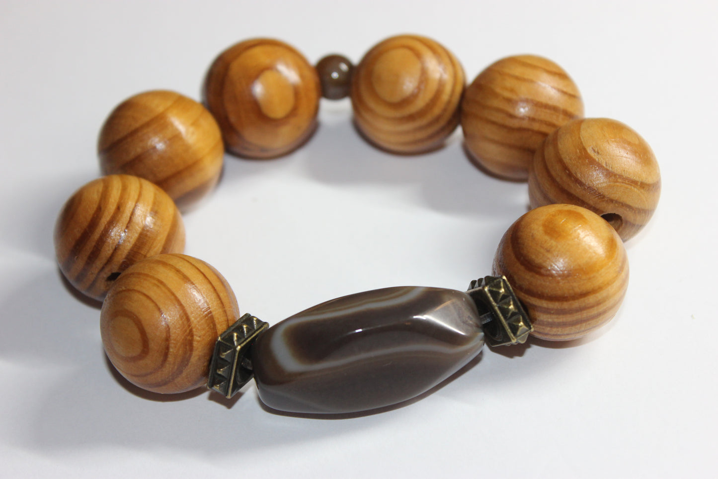 Brown Marble Smooth Stone Large Wood Beaded Bracelet